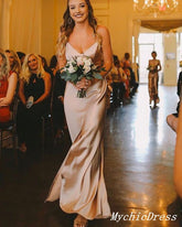 Elegant Champagne Wedding Guest Dresses Sheath Silk Satin Bridesmaid Dresses MyChicDress
